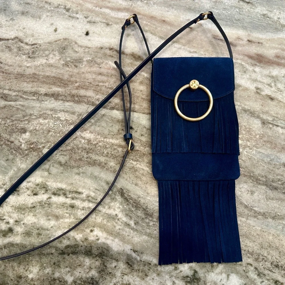 Rare Tory Burch Farrah Suede Fringe Smartphone Crossbody - Navy - EUC! - Picture 2 of 6